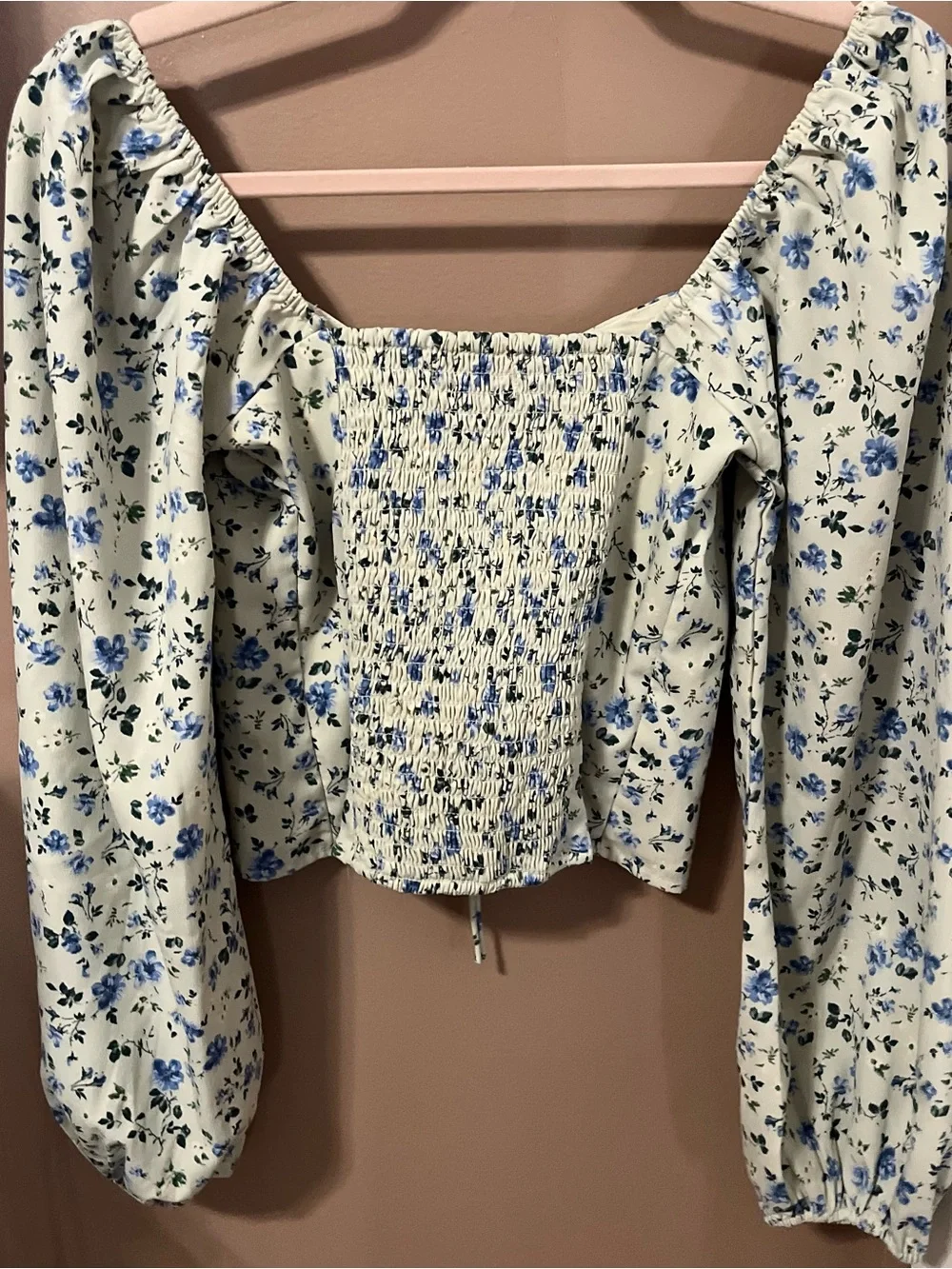 Abercrombie & Fitch Floral Lace-Up Square Neck Long Sleeve Cream/Blue Blouse
